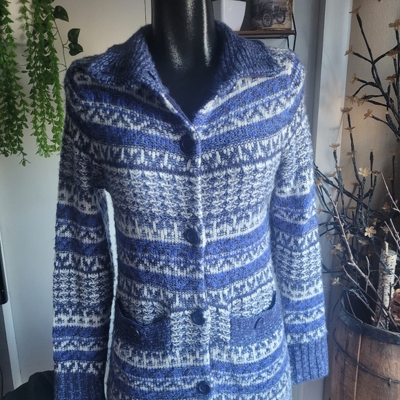 Joseph A Blue and White Button Front Knit Mid Length Cardigan S - Picture 2 of 7